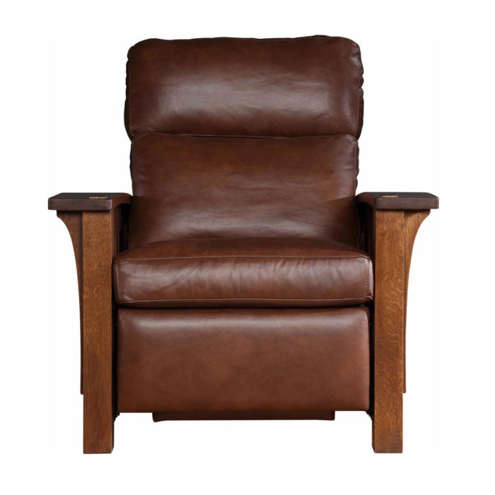 Wood Arm Brown Leather Reclienr