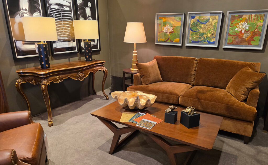 fabric sofa with wood cocktail table and console
