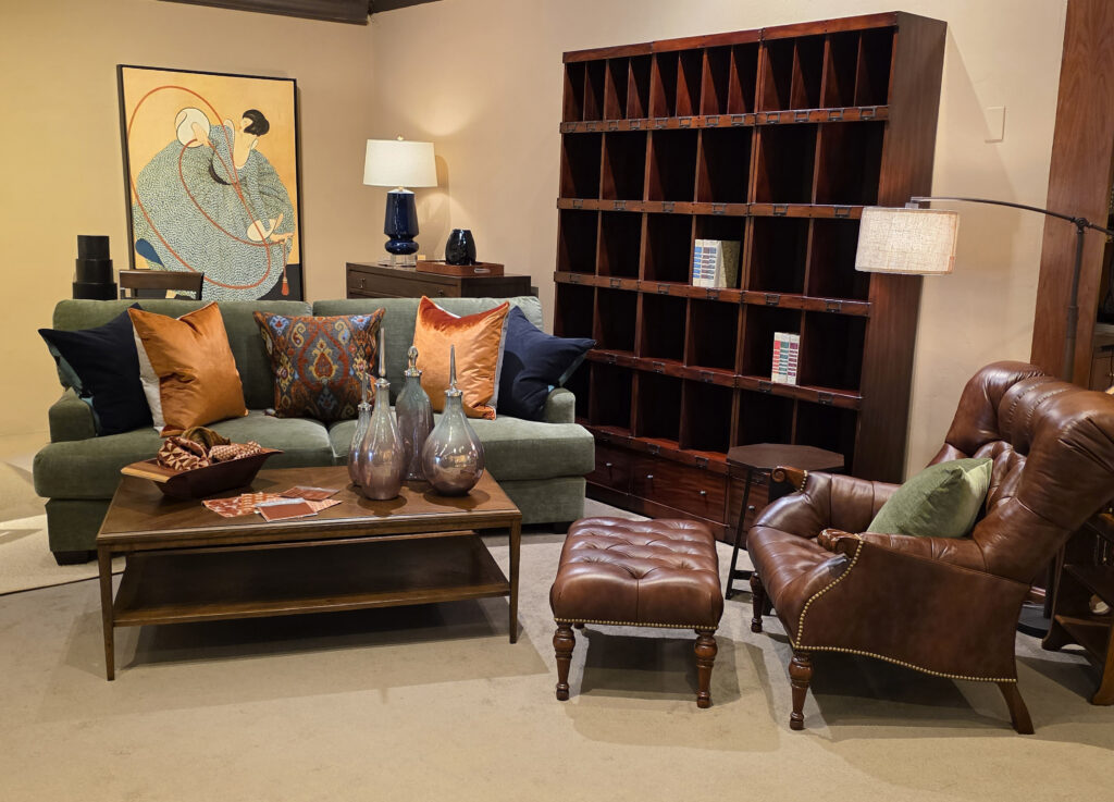 brown tufted chair fabric sofa wood bookcase